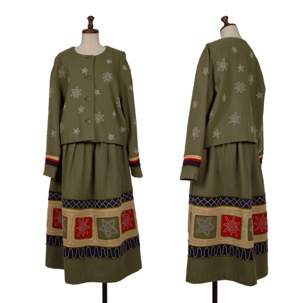 【中古】 イッセイミヤケISSEY MIYAKE I.S. ウールエンブロイダリーセットアップ カーキM【レディース】