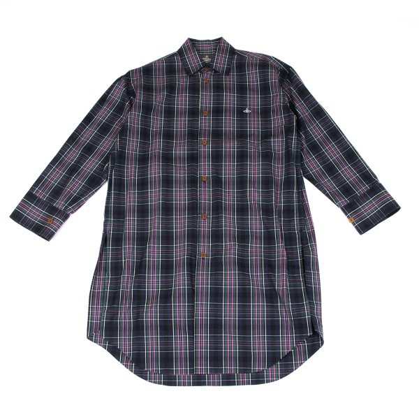 【中古】 ヴィヴィアンウエストウッドマンVivienne Westwood MAN タータンチェックロングシャツジャケット 紺緑ピンク46【メンズ】｜PLAYFUL