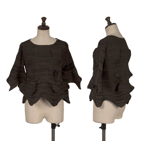 【中古】 イッセイミヤケISSEY MIYAKE 幾何学ウェーブ織り半袖ニットセーター 黒茶2【レディース】|PLAYFUL
