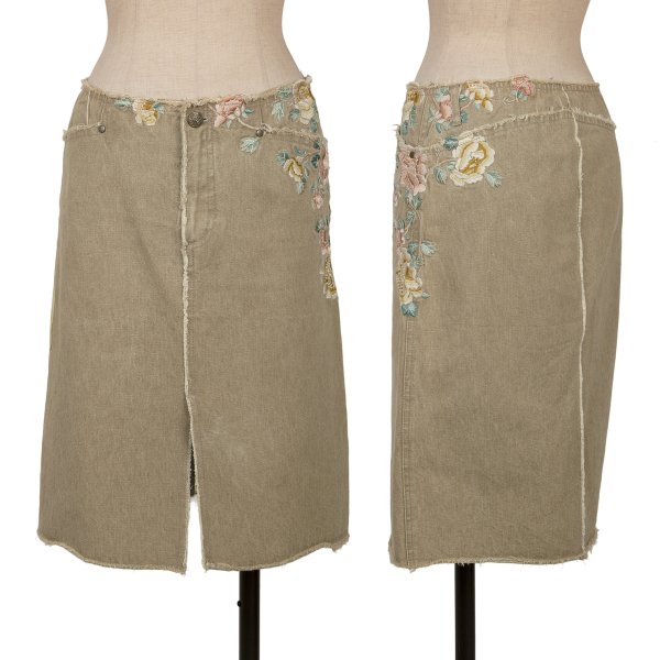 【中古】 ヴィヴィアンタムVIVIENNETAM 姿勢御花刺しゅうジーンズスコート カーキ【レディース】