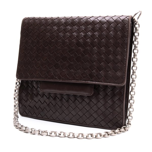 【中古】 ボッテガヴェネタBOTTEGA VENETA イントレチャートレザーチェーンショルダーバッグ 茶【レディース】