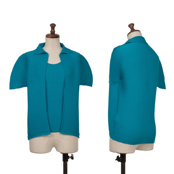 【中古】 イッセイミヤケ ミーISSEY MIYAKE me シャツレイヤードうつり変わりストレッチプリーツトップス 青緑色F【レディース】