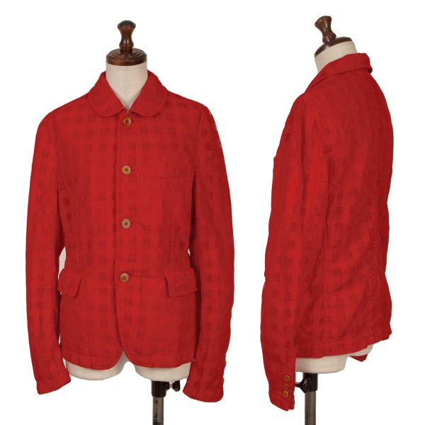 【中古】 コムコム コムデギャルソンCOMME des GARCONS ポリメッシュチェックラウンドカラージャケット 赤S【レディース】|PLAYFUL