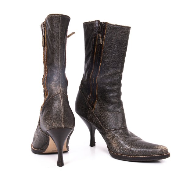 【中古】 ミュウミュウMIU MIU クラックレザーダブルジップピンヒールブーツ 黒37(23.5位)【レディース】 ブーツ-その他