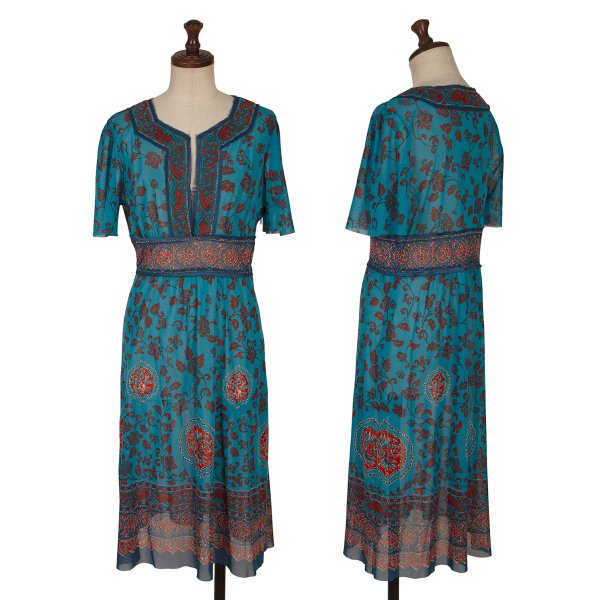 【中古】 ヴィヴィアンタムVIVIENNETAM ポリフラワープリントパッチデザイン半袖パワーネットチュニック 青緑色他2【レディース】