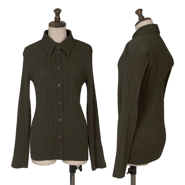 【中古】 イッセイミヤケISSEY MIYAKE クレーププリーツ長袖シャツ カーキM【レディース】｜PLAYFUL