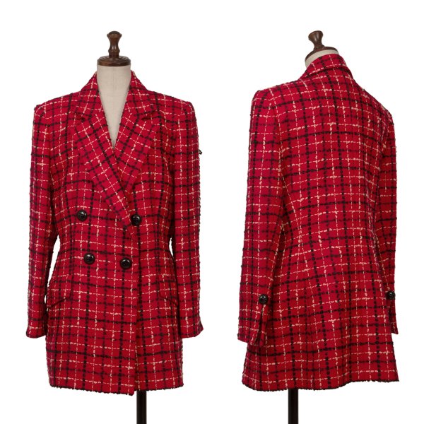 【中古】 クリスチャンディオールChristian Dior ウール混ステッチチェックジャケット 赤黒9【レディース】｜PLAYFUL