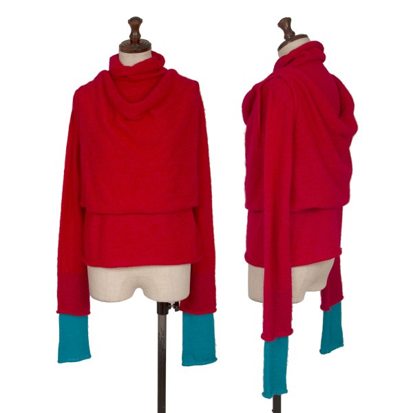 【中古】 イッセイミヤケISSEY MIYAKE アルパカ混紡折り返しレイヤードニットセーター 赤水色2【レディース】