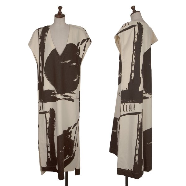 【中古】 イッセイミヤケISSEY MIYAKE グラフィックプリントVネックノースリーブワンピース アイボリー黒M位【レディース】｜PLAYFUL