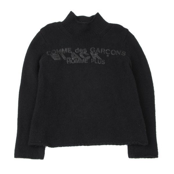 【中古】 コムデ給仕 オムプリュスCOMME des GARCONS HOMME PLUS 毛糸えの具ロゴプリントニットセーター 黒M位【メンズ】