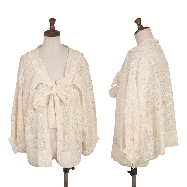 【中古】 ジュンヤワタナベ コムデ給仕JUNYA WATANABE COMME des GARCONS リボンフロントレースカーディガン 象牙色S【レディース】