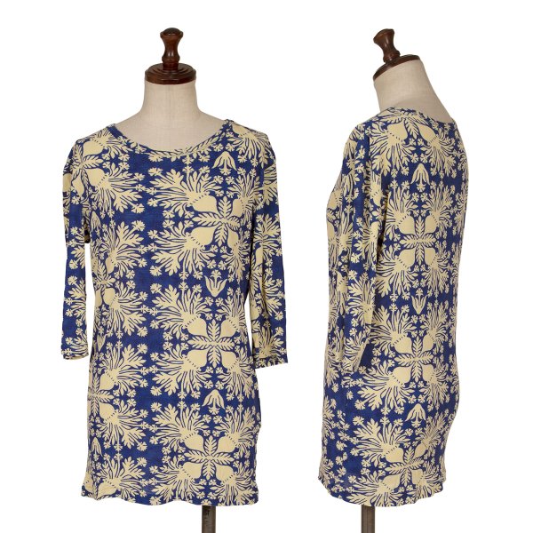 【中古】 ヨウジヤマモト ファムYohji Yamamoto FEMME ダマスクプリント五分袖カットソー 青ベージュ2【レディース】