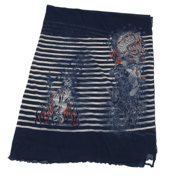 【中古】 ジャンポールゴルチエ お日さまJean Paul GAULTIER SOLEIL 刺青ボーダープリントパワーネットビッグストール 紺他XS【レディース】