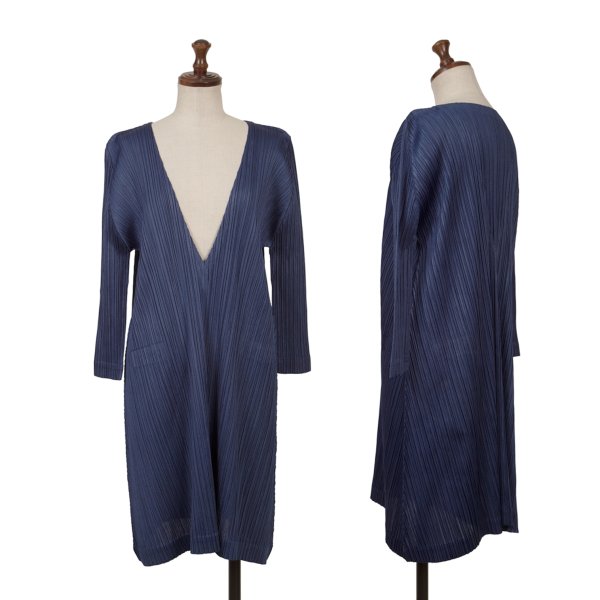 【中古】 筋目プリーズPLEATS PLEASE 筋目Vのど首七分袖太陽フレア上衣 紺4【レディース】 ワンピース-レディースファッション