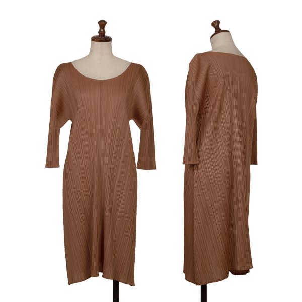 【中古】 筋目プリーズPLEATS PLEASE 筋目五分袖太陽面爆発上着 茶3【レディース】
