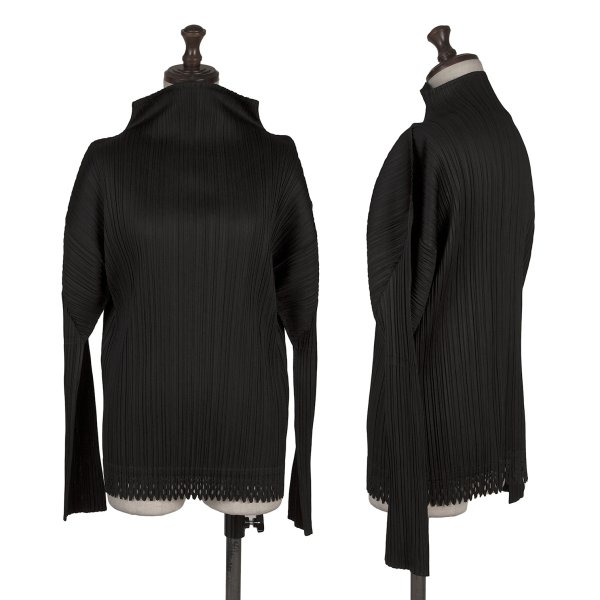 【中古】 筋目プリーズPLEATS PLEASE プリーツヘムカッティングハイネック長袖カットソー 黒3【レディース】