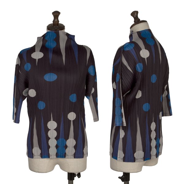 【中古】 筋目プリーズPLEATS PLEASE プリーツジオメトリックプリントカットソー 紫青薄墨色4【レディース】