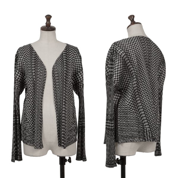 【中古】 筋目プリーズPLEATS PLEASE プリーツチェックボタンレスカーディガン 薄墨色黒3【レディース】