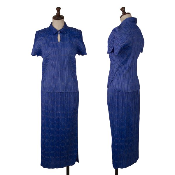 【中古】 筋目プリーズPLEATS PLEASE 一点刺しゅうひな形セットアップ 青マルチ3 2【レディース】