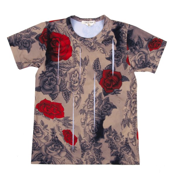 【中古】 コムデギャルソンCOMME des GARCONS タトゥープリントカッティングTシャツ ベージュ赤グレーS【レディース】｜PLAYFUL