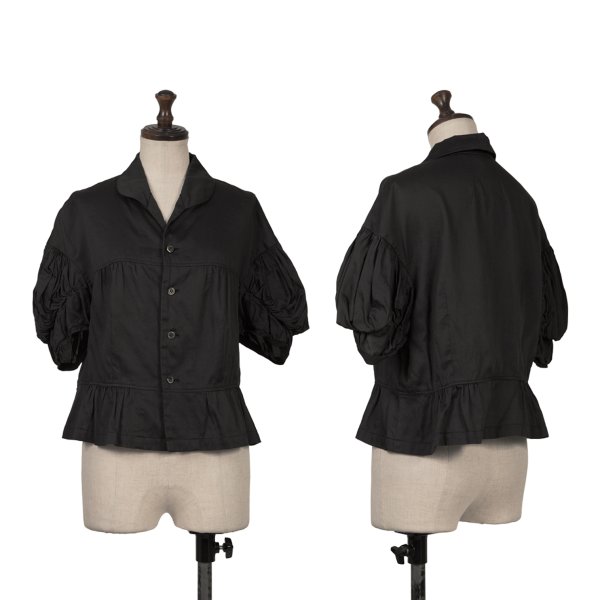 【中古】 コムコム コムデギャルソンCOMME des GARCONS コットンギャザーパフスリーブラウンドカラーブラウス 黒S【レディース】|PLAYFUL