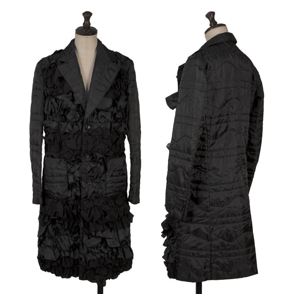 【中古】 コムコム コムデギャルソンCOMME des GARCONS ポリフリルデザインキルティングロングジャケット 黒S【レディース】｜PLAYFUL