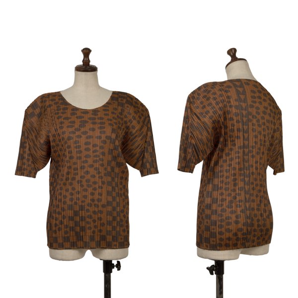 【中古】 プリーツプリーズPLEATS PLEASE ドットチェックプリントTシャツ 茶4【レディース】｜PLAYFUL