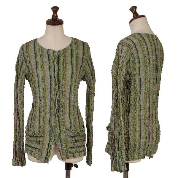 【中古】 イッセイミヤケミーISSEY MIYAKE me 染めシワプリーツマルチストライプカーディガン 緑薄墨色F【レディース】
