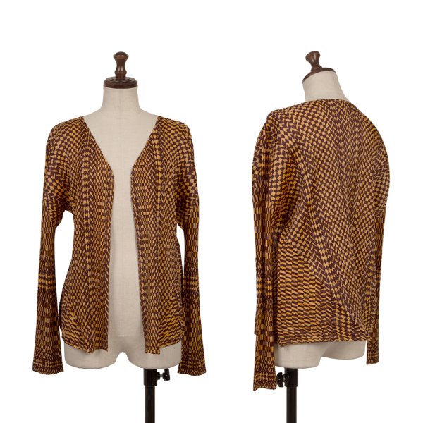 【中古】 筋目プリーズPLEATS PLEASE 幾何学学プリントボタンレスカーディガン オレンジ色茶3【レディース】