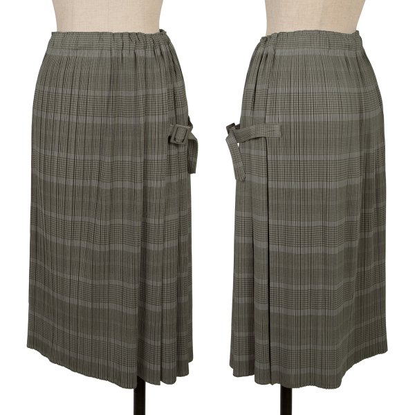 【中古】 プリーツプリーズPLEATS PLEASE プリーツボーダーサイドベルトスカート チャコールカーキ1【レディース】｜PLAYFUL