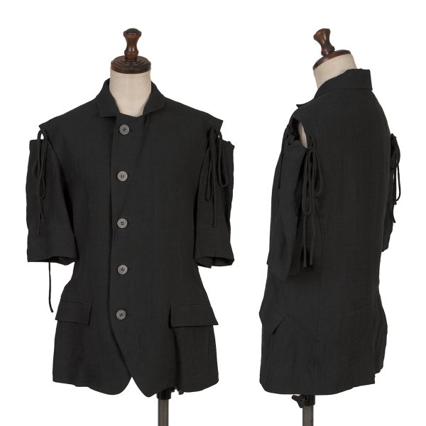 【中古】 ヨウジヤマモト ファムYohji Yamamoto FEMME リネンオープンショルダー半袖上衣 黒1【レディース】