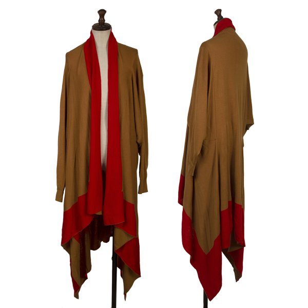 【中古】 筋目プリーズPLEATS PLEASE カラートリムバイカラーニットロングカーディガン 茶赤3【レディース】