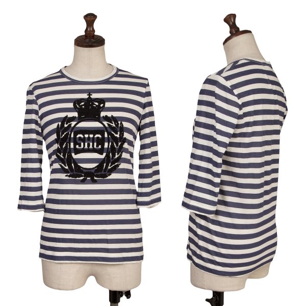 【中古】 トリココムデギャルソンtricot COMME des GARCONS コットンフロントフロッキープリントボーダー七分袖カットソー 紺白S【レディース】｜PLAYFUL