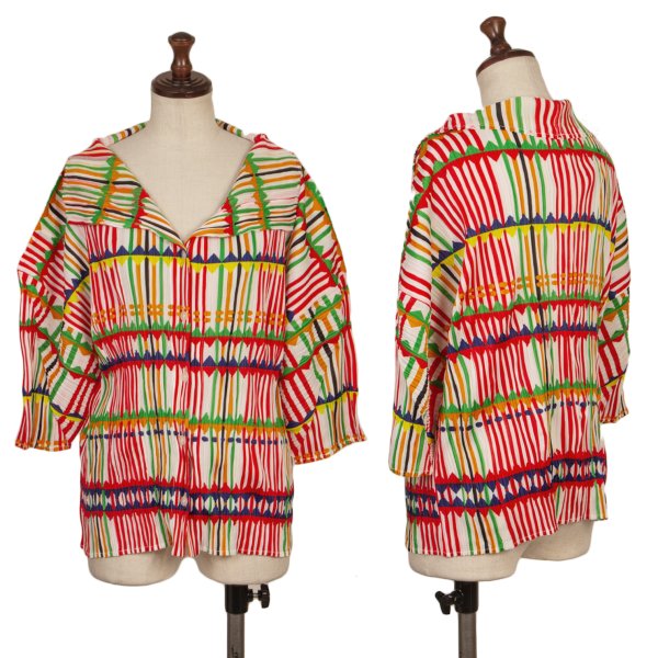 【中古】 プリーツプリーズPLEATS PLEASE ジオメトリックストライププリーツブラウス マルチ3【レディース】|PLAYFUL
