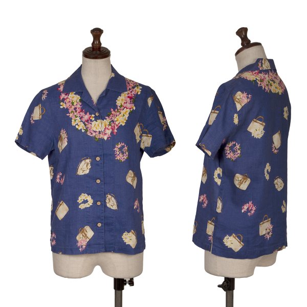 【中古】 マドモアゼルノンノンMademoiselle NON NON フローラルレイプリントアロハシャツ 青他38M【レディース】