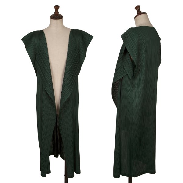 【中古】 筋目プリーズPLEATS PLEASE プリーツノースリーブロングカーディガン 深緑3【レディース】 トップス-レディースファッション