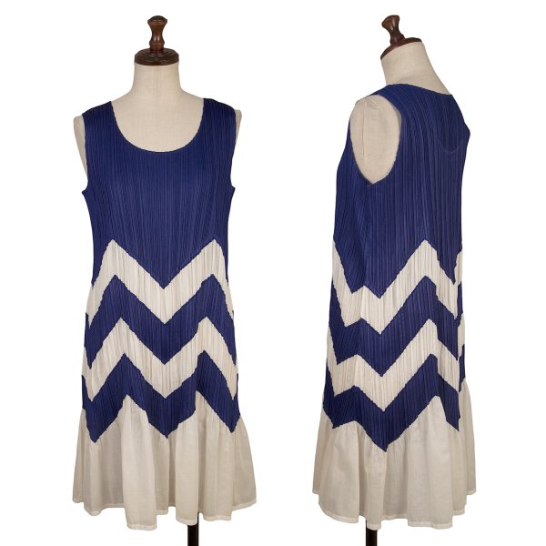 【中古】 筋目プリーズPLEATS PLEASE 蜒蜒たるうつり変わりデザインノースリーブプリーツチュニック 青オフ3【レディース】
