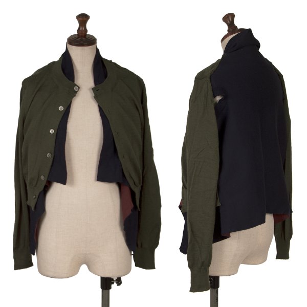 【中古】 コムデ給仕COMME des GARCONS ドッキングウールニットカーディガン  紺オリーブS【レディース】