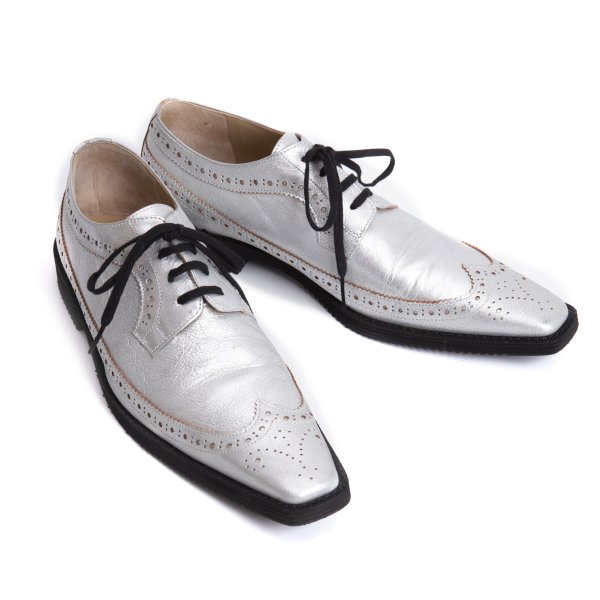 【中古】 コムデ給仕COMME des GARCONS スクエアトゥメタリックウィングチップシューズ しろがね色24.5【レディース】