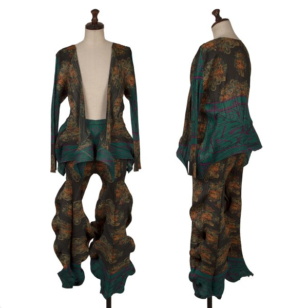 【中古】 筋目プリーズPLEATS PLEASE  グラフィックプリントウェーブセットアップ 緑他3 5【レディース】