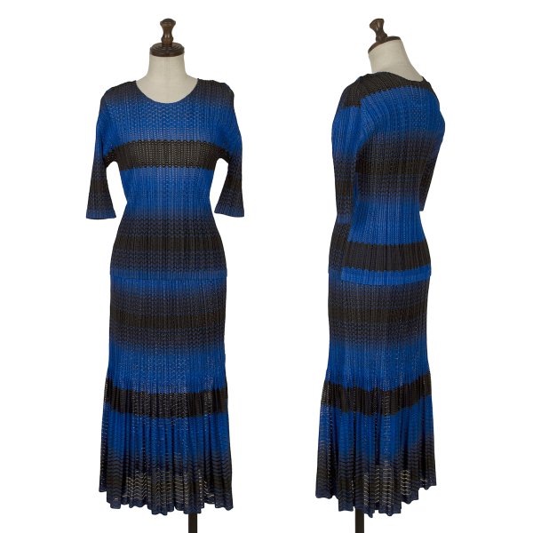 【中古】 筋目プリーズPLEATS PLEASE グラデーションボーダーメッシュセットアップ 青黒3 1【レディース】