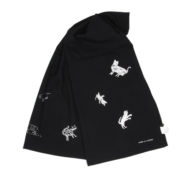 【中古】 コムデ給仕COMME des GARCONS ウールキャットドローイングプリントストール 黒【レディース】