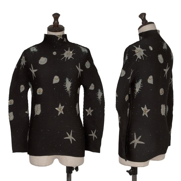 【中古】 イッセイミヤケミーISSEY MIYAKE me マリンプリントストレッチプリーツハイネックカットソー 黒他F【レディース】｜PLAYFUL
