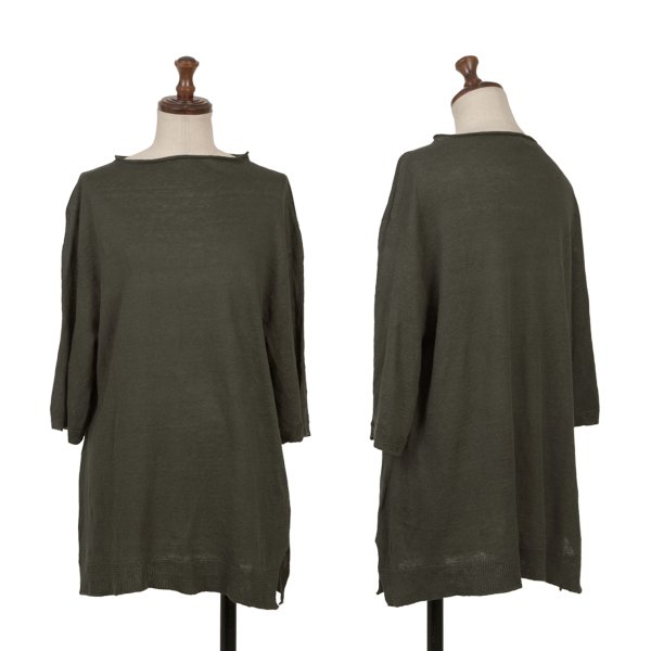 【中古】 栽培所Plantation リネン五分袖編み物 カーキM【レディース】