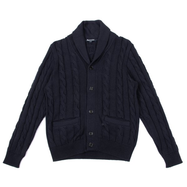 【中古】 アクアスキュータムAquascutum カシミール混コットンシルクショールカラーケーブルニットカーディガン 紺L【メンズ】