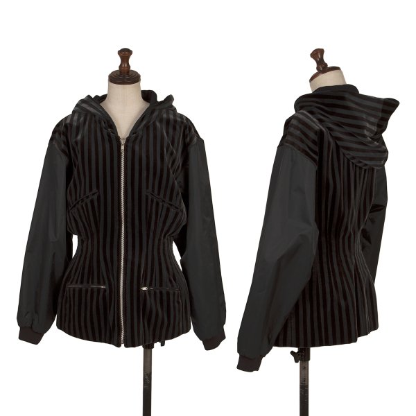 【中古】 ジャンポールゴルチエJean Paul GAULTIER ウエストシェイプダーツジップフードベロアストライプジャケット 黒9【レディース】