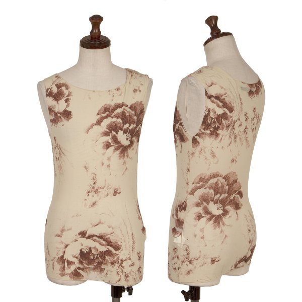 【中古】 ヨウジヤマモト ファムYohji Yamamoto FEMME かすれプリントナイロンストレッチノースリーブ ベージュボルドーワイン3【レディース】