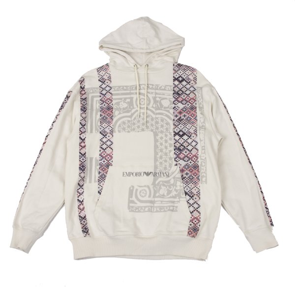 【中古】 エンポリオアルマーニEMPORIO ARMANI コットンモザイクプリントプルオーバーフーディー 象牙色他XS【メンズ】