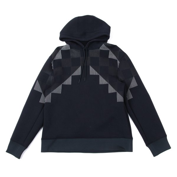 【中古】 エンポリオアルマーニEMPORIO ARMANI ラインチェックプリントプルオーバーフーディー 紺S【メンズ】