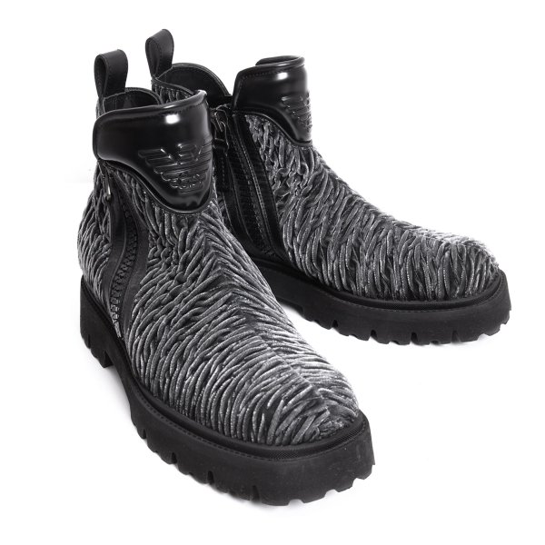 【中古】 エンポリオアルマーニEMPORIO ARMANI 立体ベロアショートブーツ 薄墨色黒8(28糎位)【メンズ】